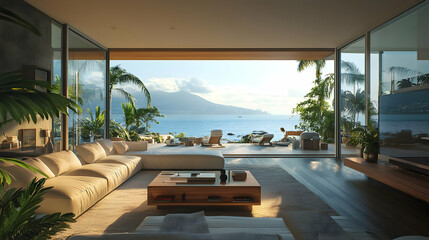 Modern Living Room with Ocean View 3D Illustration