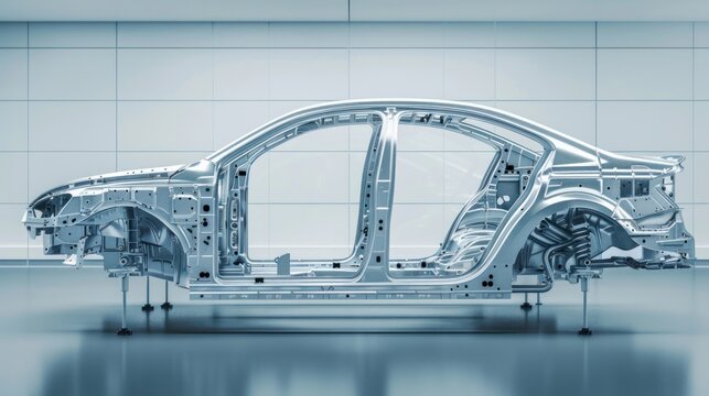 A transparent car chassis displayed in a modern, minimalist environment.
