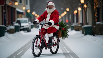 Naklejka premium Santa Claus depicted while cycling on his bike