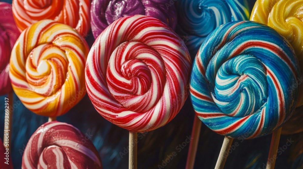 Poster a close-up of colorful lollipops arranged in a vibrant display, showcasing their swirled patterns an