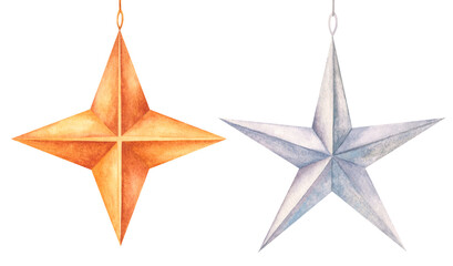 Set of hand-painted watercolor illustrations of Christmas tree decorations in the form of stars. Traditional Christmas tree decorations painted in watercolor by hand.
