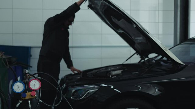 Cinematic shot of an auto mechanic opening the hood of a luxury car in a service workshop in the foreground is a machine for refilling a car air conditioner