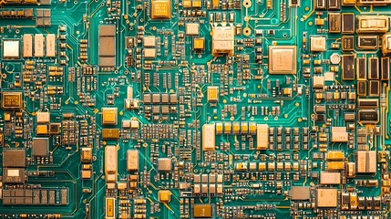A close-up shot of a circuit board with golden traces and components on a teal background.