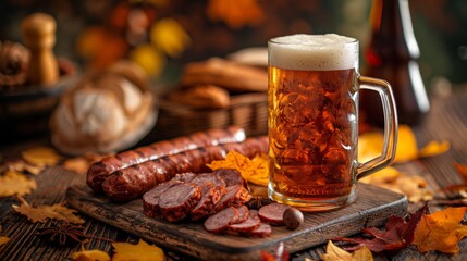 A frothy mug of beer and sliced sausage on a wooden board with autumn leaves scattered around.
