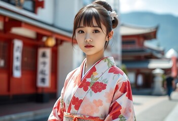 Young Woman in Traditional Japanese Kimono in Front of Temple