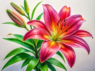 Fototapeta premium Vibrant Lily Flower Drawing in Color with Detailed Petals and Lush Green Leaves on White Background