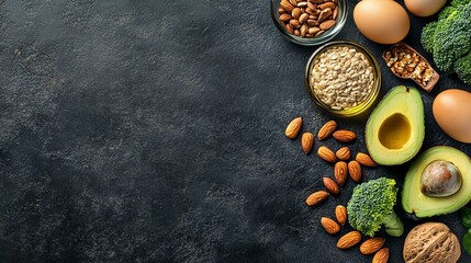 Healthy Food Arrangement on Dark Background. AI generated illustration