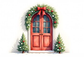 Front door decorated for Christmas celebration on white backgroud