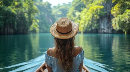 Happy Asian-style Hat-Wearing Woman Enjoying Boat Ride on Serene Lake Scenic Landscape