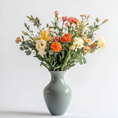An elegant vase filled with fresh flowers on a white background