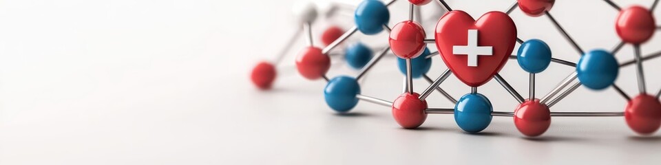 3D rendering of a healthcare network infrastructure with nodes representing various medical services, comprehensive care provider,