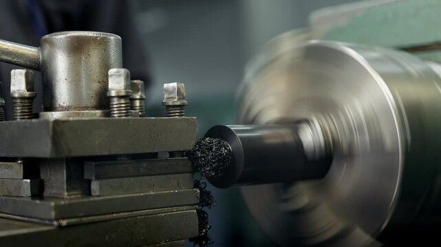 Professional locksmith is working at a lathe with plastic part inner part