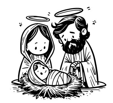 recommend clip art: sacred scene of mary and joseph with baby jesus, black and white cartoon sketch vector