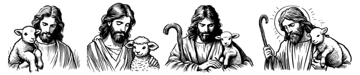 jesus christ with lamb in hand-drawn black and white vector set, symbolizing faith and protection