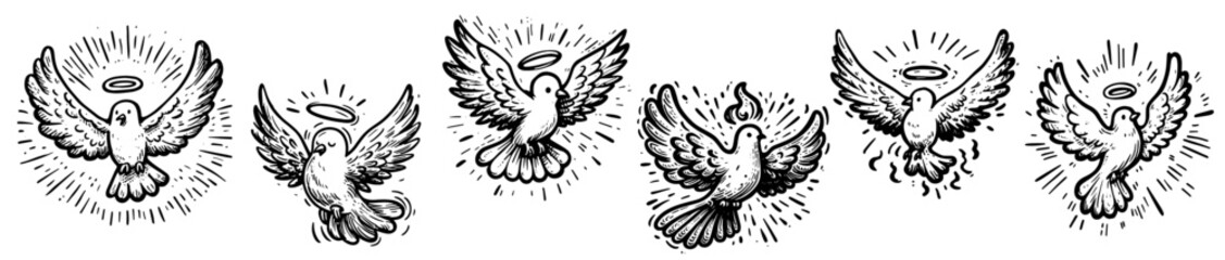 detailed vector collection of sacred doves in black and white artwork