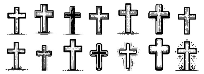 collection of christian crosses in various drawing styles, black and white vector