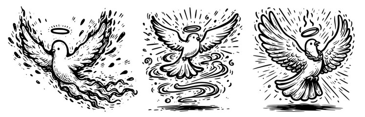 collection of holy doves in black and white vector line art