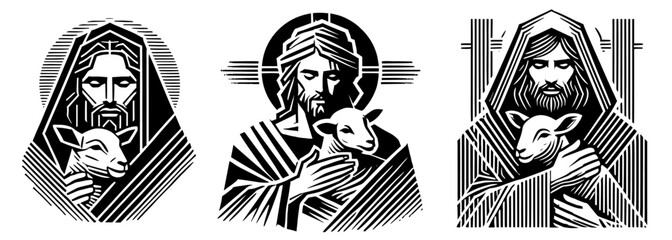 collection of jesus christ with lamb in abstract geometric black and white vector © Luka