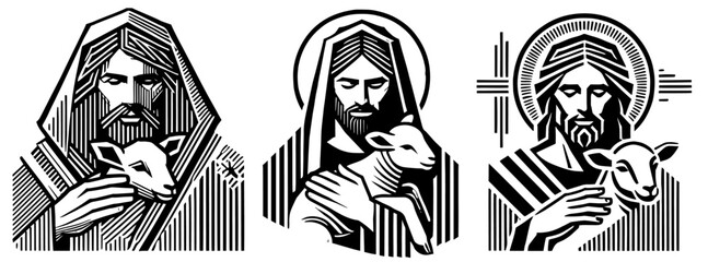 artistic collection of jesus christ with lamb in geometric black and white vector