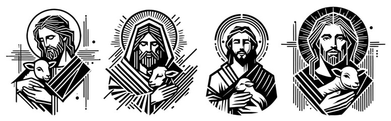 black and white vector collection of jesus christ with lamb in geometric design © Luka