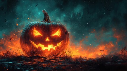 Naklejka premium Spooky Jack-O'-Lantern Glowing in Dark Night