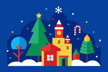 Christmas tree with gifts, vector illustration for holiday card, winter design with snow and star