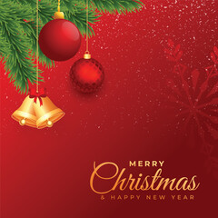 Beautiful christmas balls and bell snowflakes red greeting background