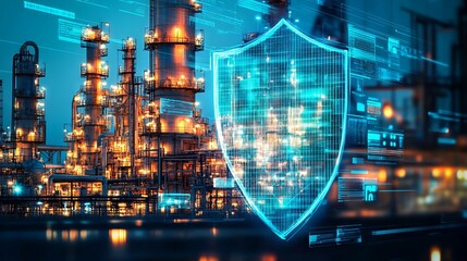 Digital Shield Over Oil Plant with Data Stream Background. AI generated illustration