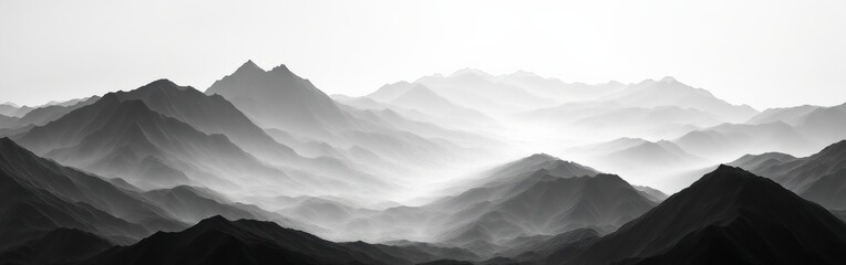 Monochrome mountain silhouette horizon with gradient shades of gray