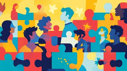 Puzzle pieces with diverse volunteer icons merging together, symbolizing teamwork and shared purpose, set in a lively environment that radiates positivity and community spirit