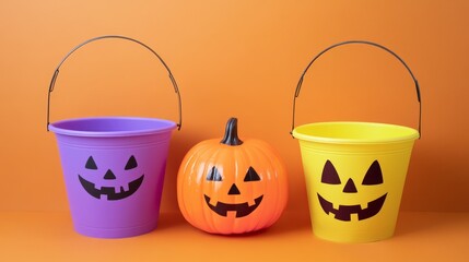 Festive Halloween Scene with Bright Orange Pumpkin and Colorful Jack-O'-Lantern Buckets
