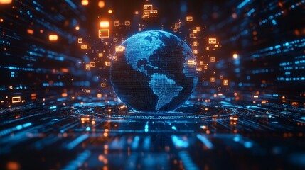 Futuristic Digital Globe Surrounded by Floating Data Squares Representing Connectivity