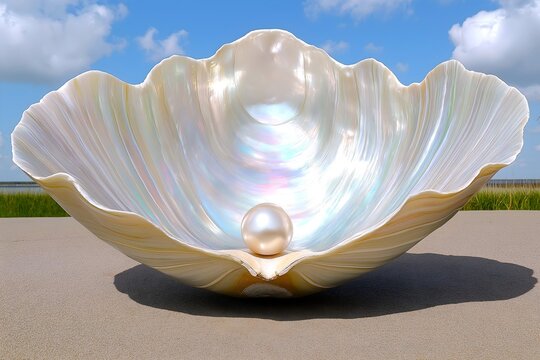 Giant oyster shell on a beach containing a large pearl. Isolated on golden sand.