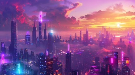 Obraz premium A vibrant futuristic cityscape at sunset, illuminated by colorful lights and surrounded by clouds.
