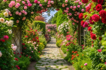 Garden pathway lined with vibrant pink and red roses