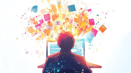 An illustration a boy sitting in front of a laptop with a flow of information, apps and thumbnails coming from it, white background, graphic resource
