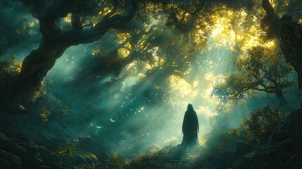 Fototapeta premium Mystical Forest with Soft Light and Enigmatic Figure