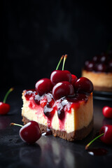 Appetizing slice of cherry cheesecake, professional photography and light