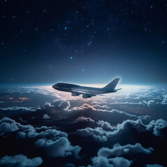 a Boeing 747 appearing just above the clouds on a dark night in a moody scene