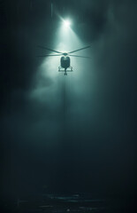 a helicopter flying over and shining a spotlight, in the style of criterion collection, found footage, adafruit, concrete brutalism, yankeecore, movie still, glowing lights, cinestill