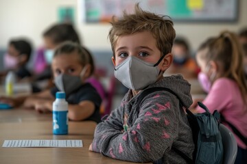 Children wearing masks concentrate in a classroom setting, seated with books and sanitizer, indicative of education during health safety measures.