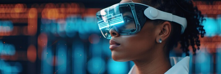 Close-up of an engineer wearing advanced virtual reality goggles in a high-tech environment, interacting with digital data displays and holographic interfaces.
