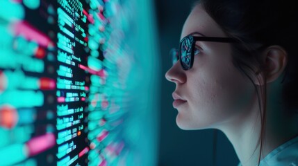 Close-up of a focused data analyst wearing glasses, studying intricate code and data visualizations on a brightly lit digital screen in a tech environment.