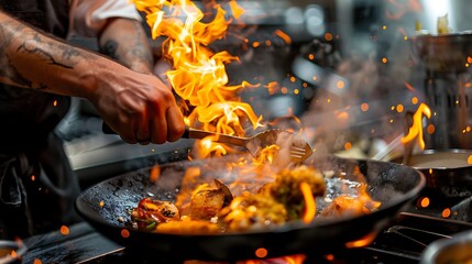 A chef flambes a dish in a hot pan with flames shooting up.