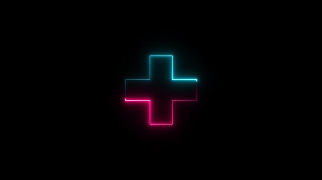Abstract neon medical cross icon animation, neon plus sign icon, medical check up plus icon