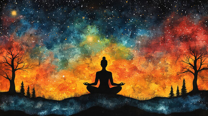 silhouette of a meditative figure is set against a vibrant cosmic backdrop, symbolizing the connection between energy, mindfulness, and the universe's expansive forces in deep spiritual reflection