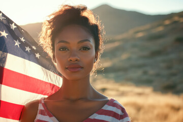 A beautiful Afro-American woman in her 30s is standing with an American flag against a beautiful mountain landscape