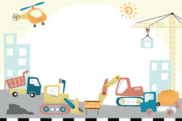 Construction site with vehicles border illustration. Vector illustration