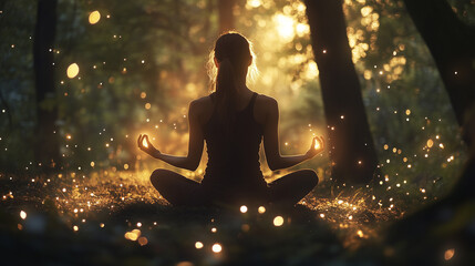 Obraz premium Serene Woman Meditating in a Forest Surrounded by Magical Glowing Lights