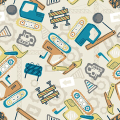 Seamless pattern with construction machinery and equipment. Vector illustration
